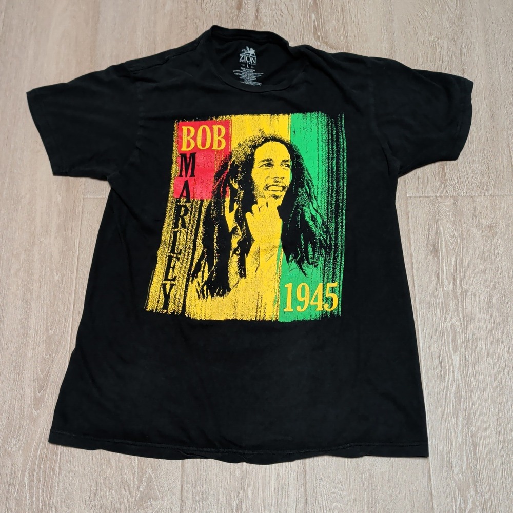 Zion Bob Marley Graphic T-Shirt Mens L fits M Black Reggae Music 1945 Rasta Tee